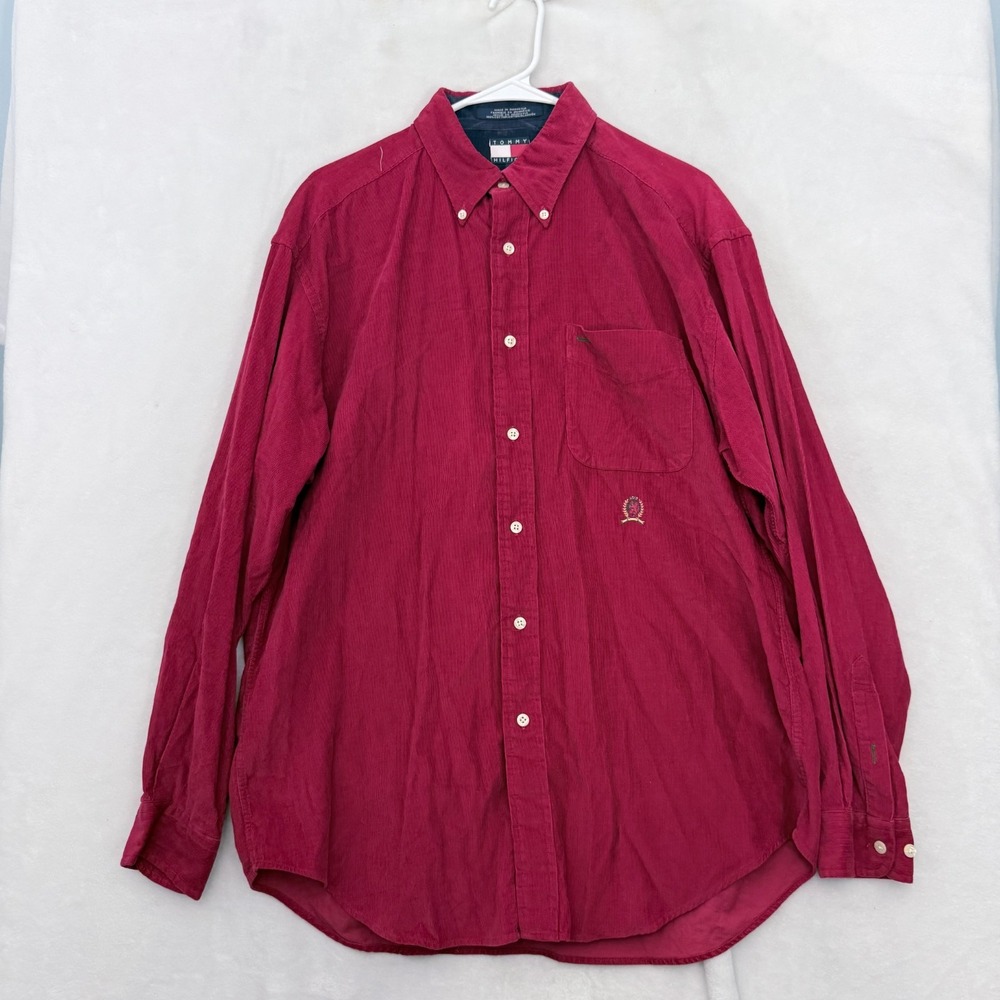 Vintage Tommy Hilfiger Corduroy Shirt Mens M Red Pocket Logo Button Down